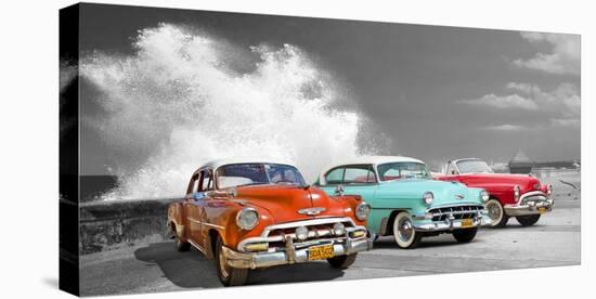 Cars in Avenida de Maceo, Havana, Cuba (BW)-Pangea Images-Stretched Canvas