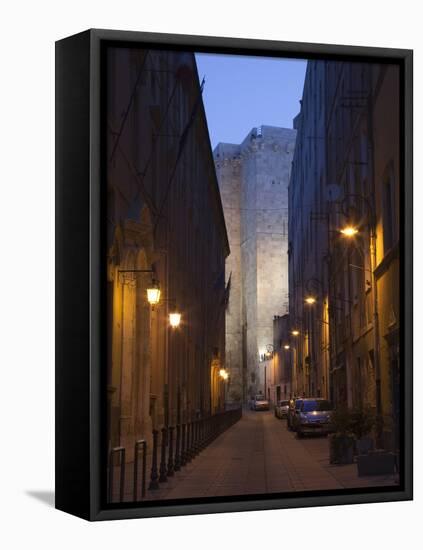 Cars Parked in a Street, Torre Dell'Elefante Tower, Il Castello Old Town, Sardinia, Italy-null-Framed Stretched Canvas