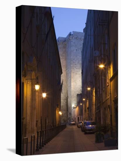 Cars Parked in a Street, Torre Dell'Elefante Tower, Il Castello Old Town, Sardinia, Italy-null-Stretched Canvas