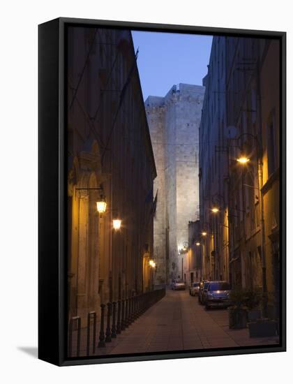 Cars Parked in a Street, Torre Dell'Elefante Tower, Il Castello Old Town, Sardinia, Italy-null-Framed Stretched Canvas