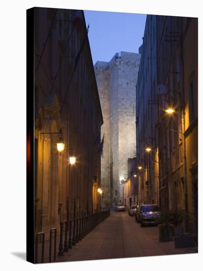 Cars Parked in a Street, Torre Dell'Elefante Tower, Il Castello Old Town, Sardinia, Italy-null-Stretched Canvas