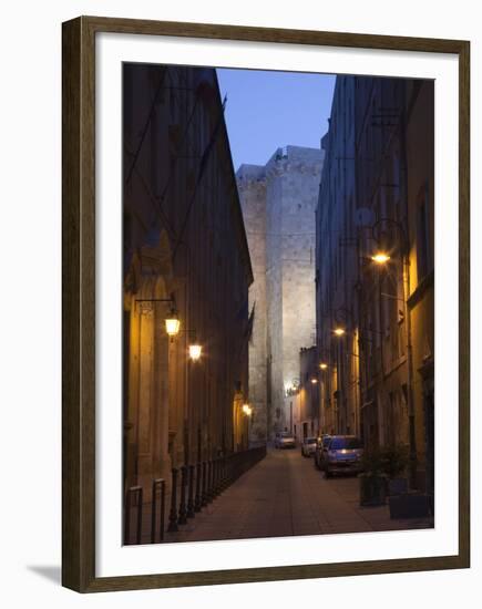 Cars Parked in a Street, Torre Dell'Elefante Tower, Il Castello Old Town, Sardinia, Italy-null-Framed Premium Photographic Print