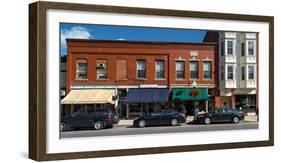 Cars parked in front of stores, Camden, Knox County, Maine, USA-null-Framed Photographic Print