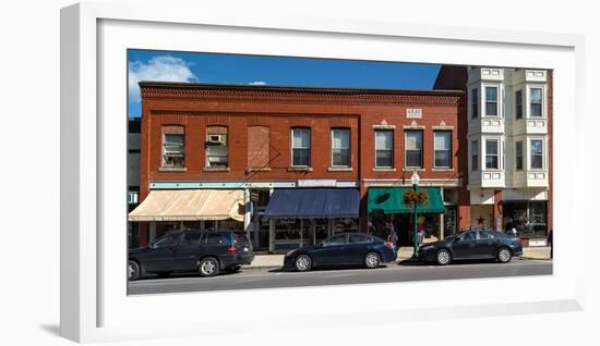 Cars parked in front of stores, Camden, Knox County, Maine, USA-null-Framed Photographic Print