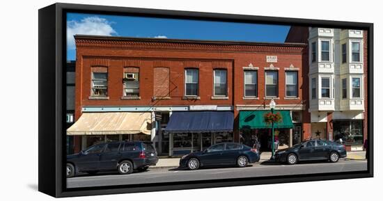 Cars parked in front of stores, Camden, Knox County, Maine, USA-null-Framed Stretched Canvas