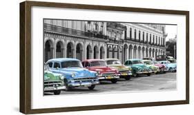 Cars parked in line, Havana, Cuba-Pangea Images-Framed Art Print