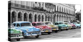 Cars parked in line, Havana, Cuba-Pangea Images-Stretched Canvas