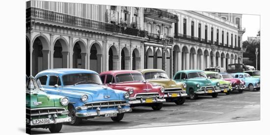 Cars parked in line, Havana, Cuba-Pangea Images-Stretched Canvas