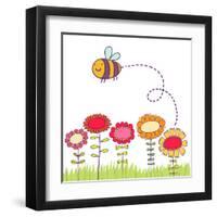 Cartoon Bee Flying over Flowers-smilewithjul-Framed Art Print