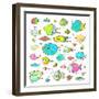 Cartoon Bizarre Fish Collection for Kids Hand Drawn. Fun Cartoon Hand Drawn Queer Fish for Children-Popmarleo-Framed Art Print