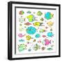 Cartoon Bizarre Fish Collection for Kids Hand Drawn. Fun Cartoon Hand Drawn Queer Fish for Children-Popmarleo-Framed Art Print