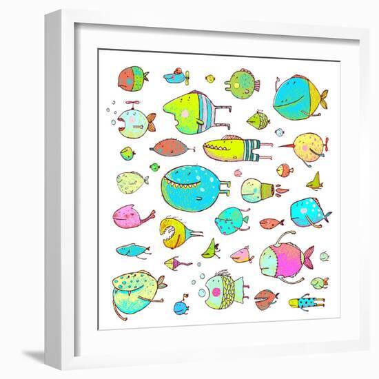 Cartoon Bizarre Fish Collection for Kids Hand Drawn. Fun Cartoon Hand Drawn Queer Fish for Children-Popmarleo-Framed Art Print