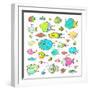 Cartoon Bizarre Fish Collection for Kids Hand Drawn. Fun Cartoon Hand Drawn Queer Fish for Children-Popmarleo-Framed Art Print