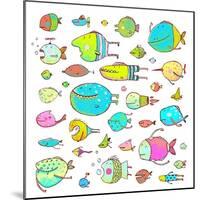 Cartoon Bizarre Fish Collection for Kids Hand Drawn. Fun Cartoon Hand Drawn Queer Fish for Children-Popmarleo-Mounted Art Print