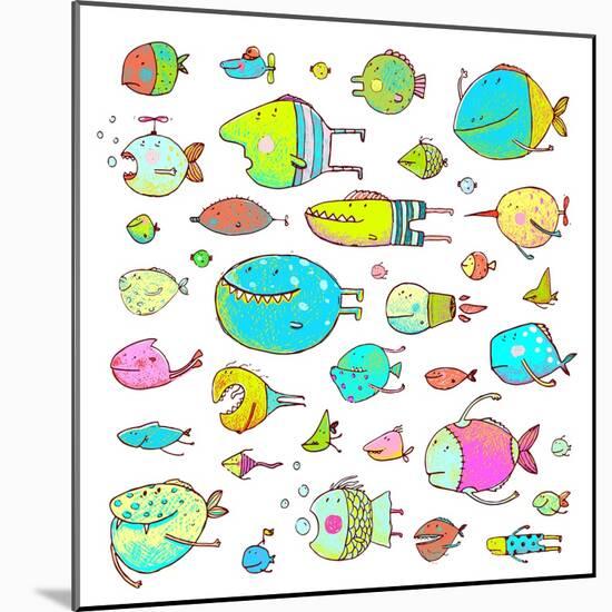 Cartoon Bizarre Fish Collection for Kids Hand Drawn. Fun Cartoon Hand Drawn Queer Fish for Children-Popmarleo-Mounted Art Print