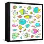 Cartoon Bizarre Fish Collection for Kids Hand Drawn. Fun Cartoon Hand Drawn Queer Fish for Children-Popmarleo-Framed Stretched Canvas
