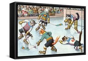 Cartoon Cats Playing Ice Hockey-null-Framed Stretched Canvas