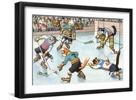 Cartoon Cats Playing Ice Hockey-null-Framed Art Print