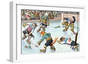 Cartoon Cats Playing Ice Hockey-null-Framed Art Print