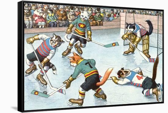 Cartoon Cats Playing Ice Hockey-null-Framed Stretched Canvas