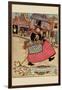 Cartoon Character Walks Thru an Old Town Carrying a Basket of Produce-null-Framed Art Print