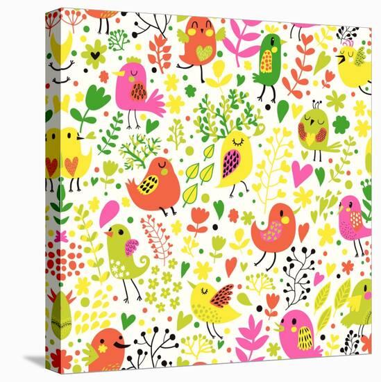 Cartoon Childish Seamless Pattern in Vector. Cute Funny Birds in Flowers. Seamless Pattern Can Be U-smilewithjul-Stretched Canvas