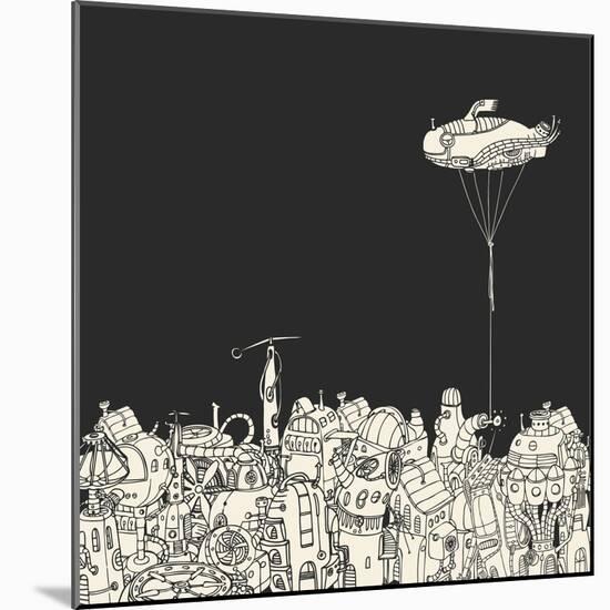 Cartoon City with Fish Eye Zeppelin-RYGER-Mounted Art Print