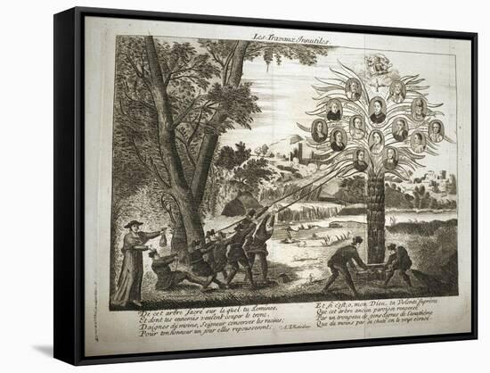 Cartoon depicting Jesuits trying to pull down the Tree of Jansenism,-French School-Framed Stretched Canvas