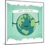 Cartoon Earth Illustration. Planet Smile and Hold Banner with Happy Earth Day Words. on Sunbeam Ray-pashabo-Mounted Art Print
