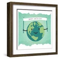 Cartoon Earth Illustration. Planet Smile and Hold Banner with Happy Earth Day Words. on Sunbeam Ray-pashabo-Framed Art Print