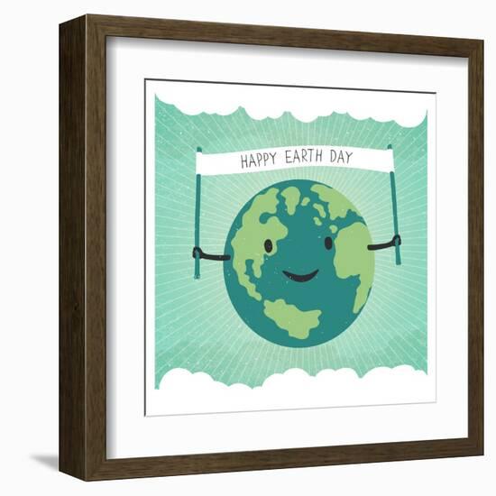 Cartoon Earth Illustration. Planet Smile and Hold Banner with Happy Earth Day Words. on Sunbeam Ray-pashabo-Framed Art Print