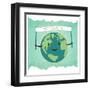 Cartoon Earth Illustration. Planet Smile and Hold Banner with Happy Earth Day Words. on Sunbeam Ray-pashabo-Framed Art Print