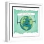 Cartoon Earth Illustration. Planet Smile and Hold Banner with Happy Earth Day Words. on Sunbeam Ray-pashabo-Framed Art Print