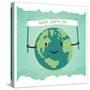 Cartoon Earth Illustration. Planet Smile and Hold Banner with Happy Earth Day Words. on Sunbeam Ray-pashabo-Stretched Canvas