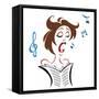 Cartoon female singer with notes and music score-Neale Osborne-Framed Stretched Canvas