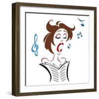 Cartoon female singer with notes and music score-Neale Osborne-Framed Giclee Print