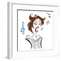 Cartoon female singer with notes and music score-Neale Osborne-Framed Giclee Print