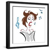 Cartoon female singer with notes and music score-Neale Osborne-Framed Giclee Print