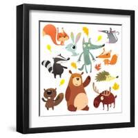 Cartoon Forest Animal Characters. Wild Cartoon Cute Animals Collections Vector. Big Set of Cartoon-drawkman-Framed Art Print