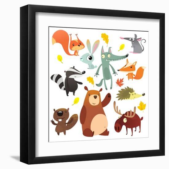 Cartoon Forest Animal Characters. Wild Cartoon Cute Animals Collections Vector. Big Set of Cartoon-drawkman-Framed Art Print