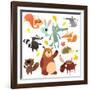 Cartoon Forest Animal Characters. Wild Cartoon Cute Animals Collections Vector. Big Set of Cartoon-drawkman-Framed Art Print