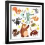 Cartoon Forest Animal Characters. Wild Cartoon Cute Animals Collections Vector. Big Set of Cartoon-drawkman-Framed Art Print