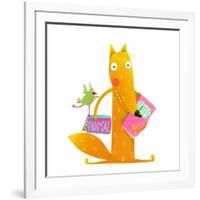 Cartoon Fox Reading Books with Bird Friend. Cute Red Fox and Birdie Sitting and Reading Books. Wild-Popmarleo-Framed Art Print