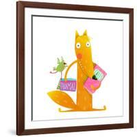 Cartoon Fox Reading Books with Bird Friend. Cute Red Fox and Birdie Sitting and Reading Books. Wild-Popmarleo-Framed Art Print