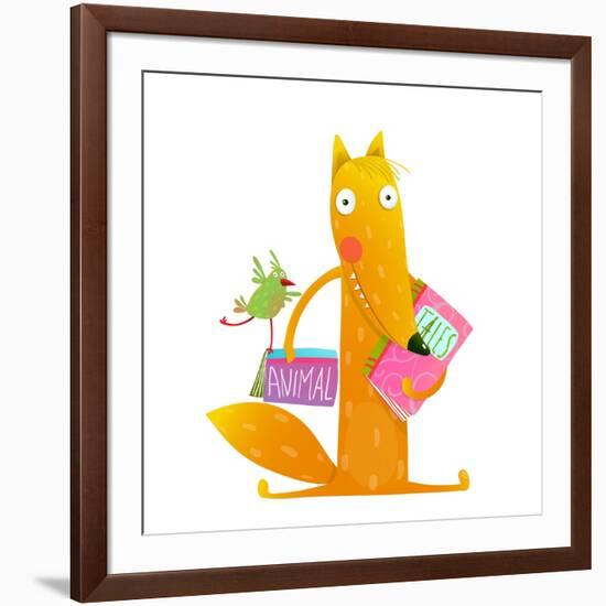 Cartoon Fox Reading Books with Bird Friend. Cute Red Fox and Birdie Sitting and Reading Books. Wild-Popmarleo-Framed Art Print