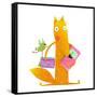 Cartoon Fox Reading Books with Bird Friend. Cute Red Fox and Birdie Sitting and Reading Books. Wild-Popmarleo-Framed Stretched Canvas