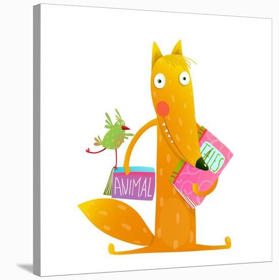 Cartoon Fox Reading Books with Bird Friend. Cute Red Fox and Birdie Sitting and Reading Books. Wild-Popmarleo-Stretched Canvas