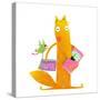 Cartoon Fox Reading Books with Bird Friend. Cute Red Fox and Birdie Sitting and Reading Books. Wild-Popmarleo-Stretched Canvas