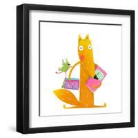 Cartoon Fox Reading Books with Bird Friend. Cute Red Fox and Birdie Sitting and Reading Books. Wild-Popmarleo-Framed Art Print