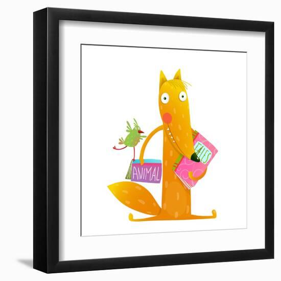 Cartoon Fox Reading Books with Bird Friend. Cute Red Fox and Birdie Sitting and Reading Books. Wild-Popmarleo-Framed Art Print